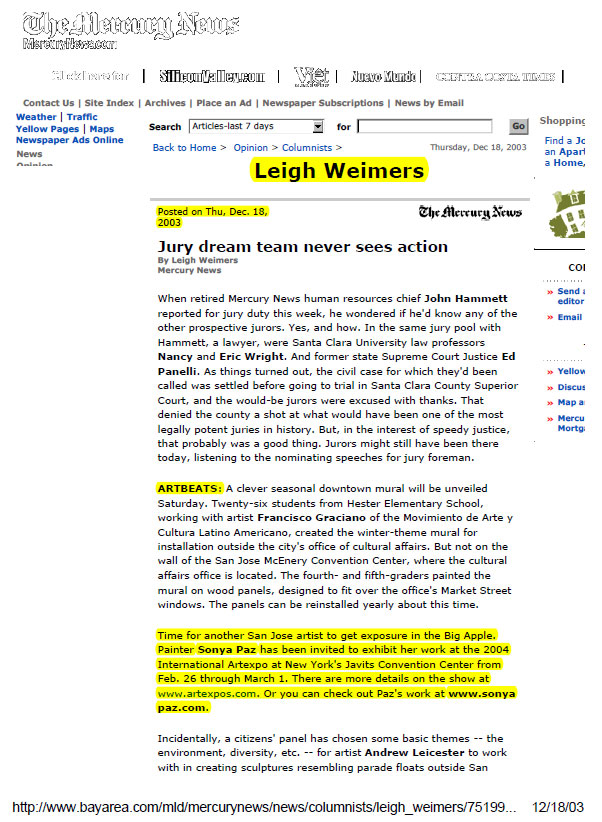 Sonya Paz - Mercury News Leigh Weimers article 02/18/03