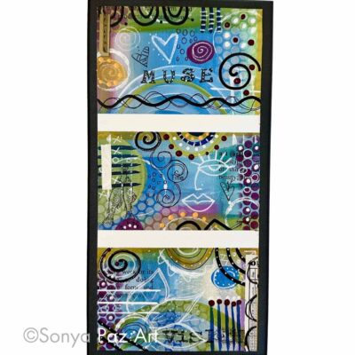 Vertical framed abstract collage with bright swirls, dots, and the word 'MUSE' across the top section of the artwork
